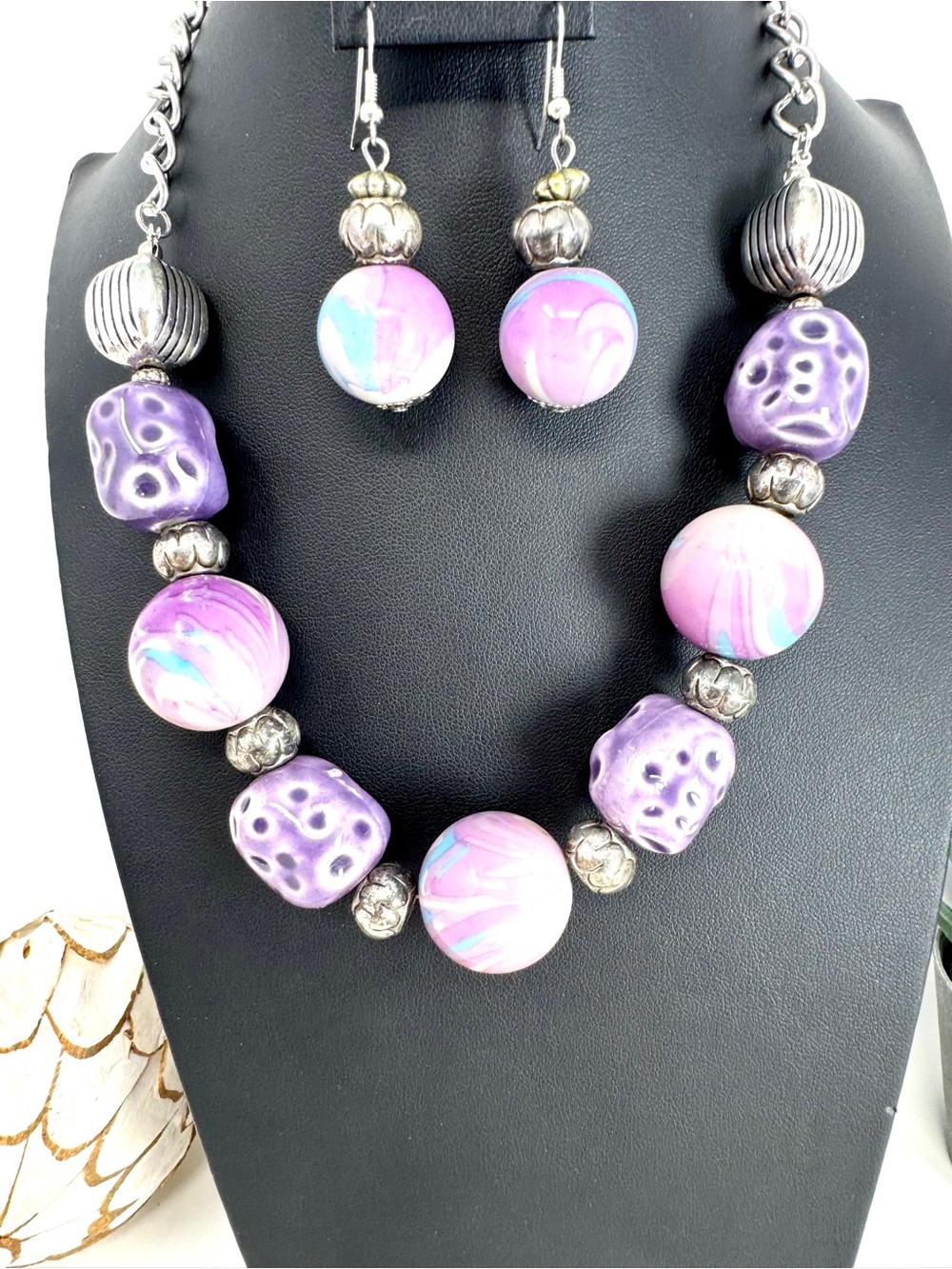 Chunky Purple & Pink Glazed Ceramic Statement Necklace & Earring Set – EUC